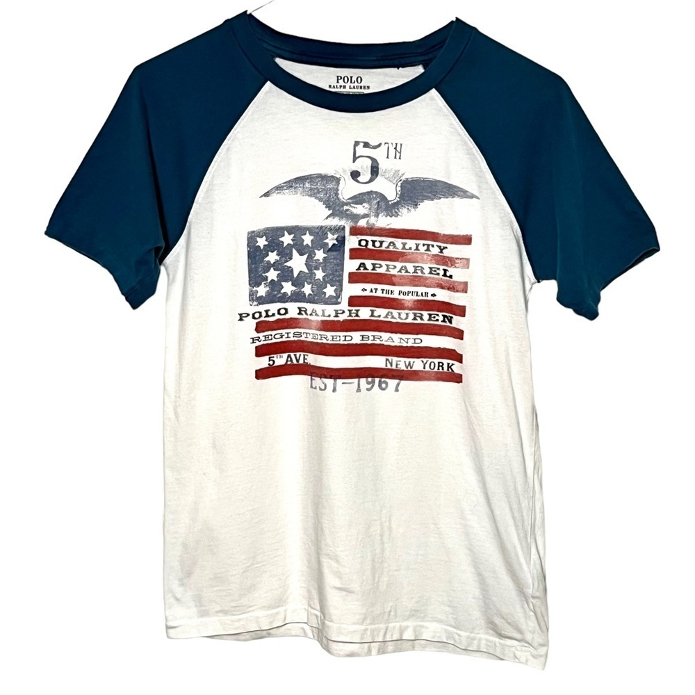Polo by Ralph Lauren Graphic Ringer T-Shirt Size Medium (10/12) White/Blue